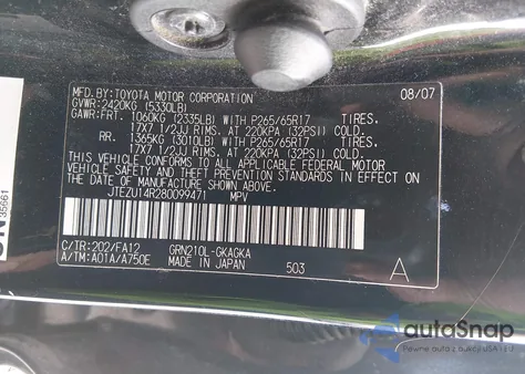 2008 Toyota 4Runner Sr5 V6 from USA, damaged, VIN JTEZU14R280099471